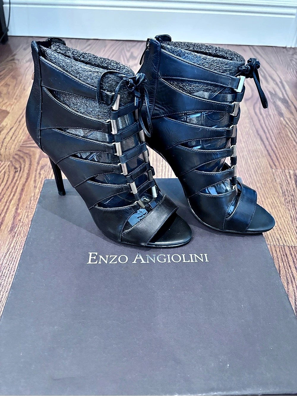 Enzo Angiolini Black Open-Toe Heeled Booties US 9 M